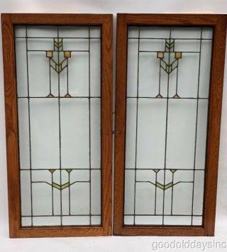 Antique Arts & Crafts Leaded Glass Oak Cabinet Doors / Window 47 " X 22 "