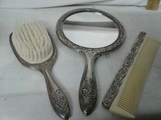 3 Piece Vintage/antique Silverplate Grooming Set Matching Brush Mirror Comb Lady
