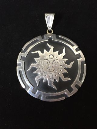 Vintage Sterling Silver Pendant Large Mayan Aztec Sun God Signed Fnm Mexico Etch