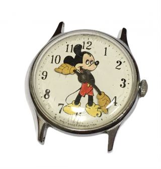 Vintage Walt Disney Production Mickey Mouse Watch Wind Up Yellow Hands Repair