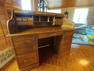 Vintage Solid Wood Oak Crest Roll - Top Desk With Chair
