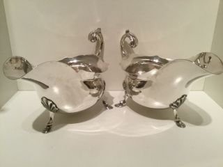Large Heavy Pair Solid Sterling Silver Sauce Boats Walker & Hall Sheffield 1928