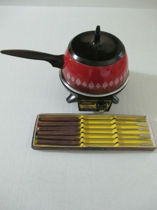 Vintage Oster Electric Fondue Pot Red Teflon Coated Pan W/lid,  6 Forks Euc