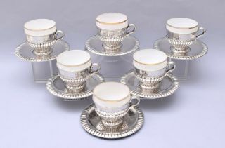 Antique Set Of 6 Solid Silver Coffee Cups & Saucer.  1096 Grams / 38 Ounces