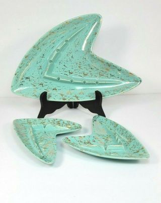 Shawnee Boomerang Ceramic Ashtray Set Of 3 Turquoise Atomic Mcm Usa Vintage