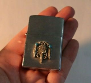 RARE Vintage Zippo Cigarette Lighter Indian Head Dress Feathers Turquoise LOOK 3
