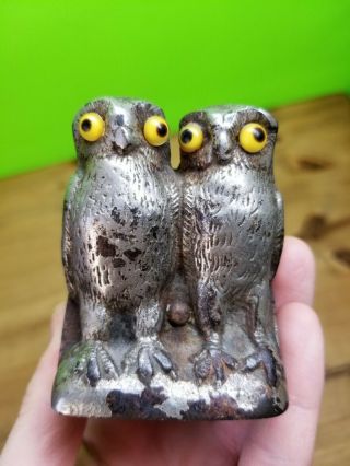 Unique Vintage Cast Iron Metal Owl Bird Match Holder Or Toothpick Holder