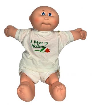 Vintage Coleco Cabbage Patch Kid Bald Blue Eyes Baby Doll 1985 Holland Shirt