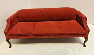 Viintage Dollhouse Sofa 1 - 12 Red Velvet Made In Taiwan7  Long