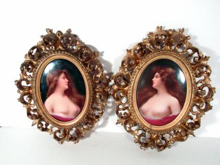 Pair Antique German Hand Painted Porcelain Plaques Nude Women In Gilt Frames