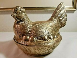 Vtg.  Cast Brass Metal Chicken - Hen - Sitting On Nest - Candy Dish/bowl& Lid Trinket 8 "
