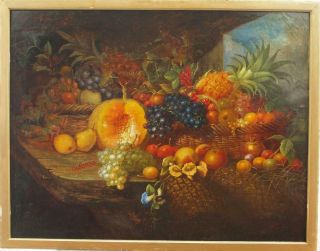 Large 19th Century Still Life Fruits & Flowers On A Table Antique Oil Painting