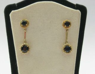 Antique Art Deco 14k Yellow Gold Diamond Sapphire Dangle Drop Pierced Earrings