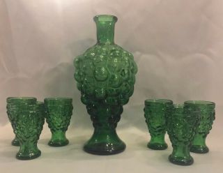 Vintage Glass Decanter,  6 Glasses Green Cordial Set Grapes Pattern Italy