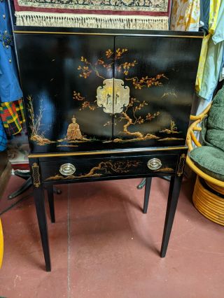 Vintage Drexel Chinoiserie Black Lacquer Oriental Silver Cabinet Asian Jewelry