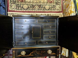 Vintage Drexel Chinoiserie Black Lacquer Oriental Silver Cabinet Asian Jewelry 4