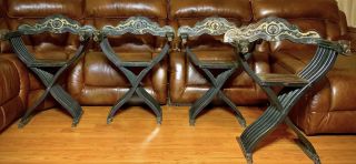 4 Savonarola Throne Chair Carved Wood Lion Heads Scissor Folding Renaissance
