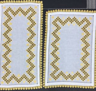 2 Vintage Hardanger Dresser/table Runner Hand Embroidered Crochet Edge Gold