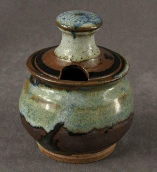 Vintage Studio Art Pottery Aqua Blue & Brown Glazed Honey Pot Storage Bowl