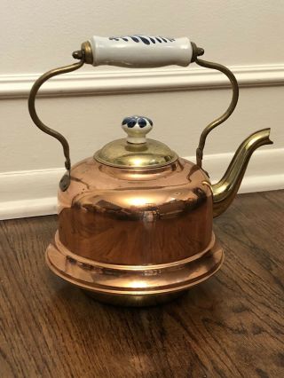 Vintage Brass/copper Metal Tea Kettle With Blue & White Ceramic Handle 10”