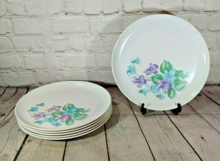 Set Of 6 Vintage Royalon Melmac Dinner Plates Purple Blue Floral Corsage Pattern