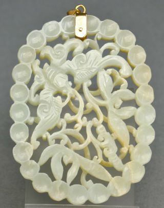 Fine Antique Chinese Carved Jade Butterfly Ruyi Floral Gold Necklace Pendant