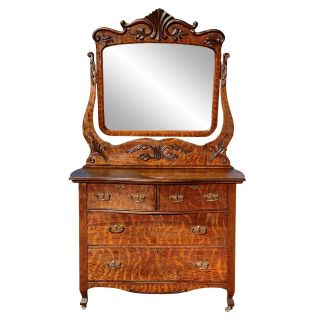 Antique Victorian Carved Quartersawn Tiger Oak Mirror Dresser