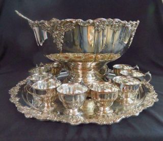 Wallace Baroque Silverplate 15 Pc Punch Bowl Set 12 Cups 21 " Tray & Ladle