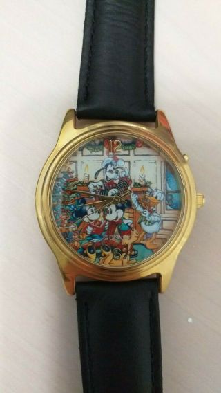 Rare Disney Mickey & Minnie Mouse & Friends Christmas Watch In Case