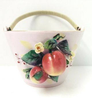 Vintage Lefton Ceramic Basket Pink Fruit Floral Raised 3d Design Woven Handle