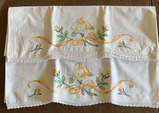 Vintage Pillowcases Embroidered Crocheted Lace Edges With Yellow Flowers 20wx30l