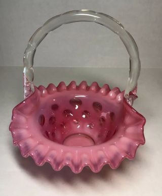 Large Vintage Fenton Glass Basket Hobnail Opalescent Cranberry (pink) & White