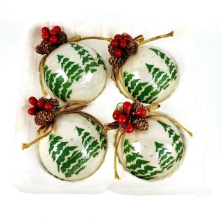 Vtg Christmas/ Krebs Hand Decorated Glass Ornaments Set/4 Pine Trees Pinecones