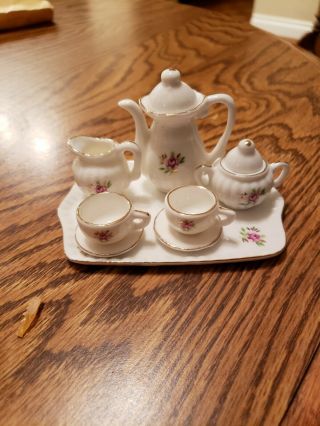 8 Pc Doll Tea Set Vintage Mini Porcelain China White Rose Floral With Tray