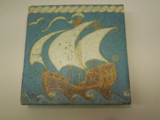 Antique Grueby Art Pottery Tile W/ Spanish Galleon Ship