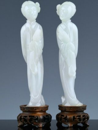 Very Fine Pair Chinese White Lavender Jadeite Jade Guanyin Figures With Fans