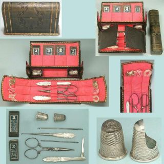 Unusual Antique Leather Cased Sewing Set - Thimbles,  Scissors,  Crochet Hook C1860
