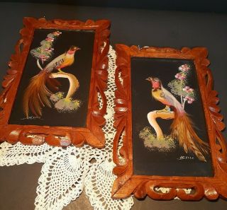 Vintage Mexican Feather Art Bird Pictures,  On Black With Carved Frames 11x7