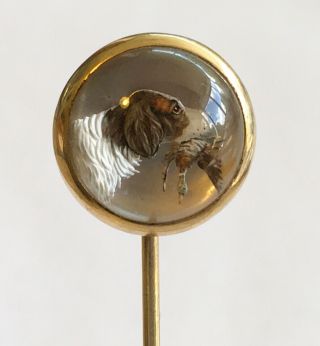 Antique Victorian 14k Reverse Crystal Stick Pin,  Dog & Bird