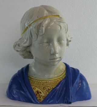 Antique Florentine Majolica Bust Of A Child,  After Andrea Della Robbia.  C.  1900