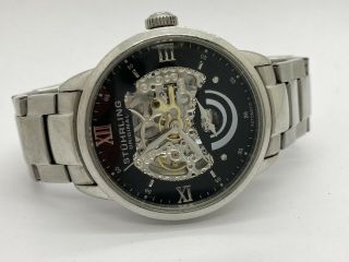 Men’s Stuhrling Automatic Watch Skeleton Black Silver Dial