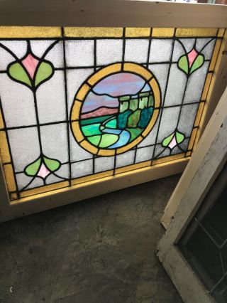 Sg 3046 Antique Stained And Textured Glass Window Landscape 26.  75 X 36.  5