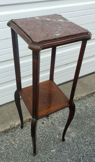 French Louis Xv Style Mahogany Marble - Top Parquetry Stand Antique Side End Table