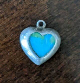 Vintage 925 Sterling Silver Mexico Turquoise Inlay ❤️ Pendant Charm Handmade