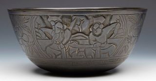 Large Chinese Ming Mark Bronze Bowl With Warriors 19/20th C.