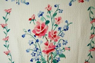 GORGEOUS Vintage 30 ' s Rose & Blue Flowers Applique Antique Quilt GREAT DESIGN 2