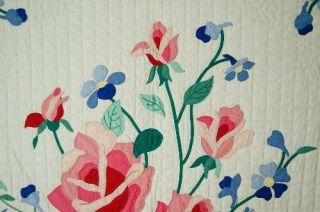 GORGEOUS Vintage 30 ' s Rose & Blue Flowers Applique Antique Quilt GREAT DESIGN 3