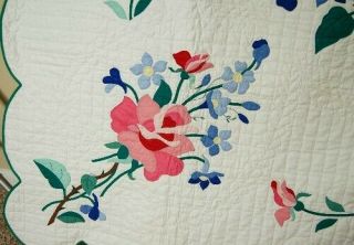 GORGEOUS Vintage 30 ' s Rose & Blue Flowers Applique Antique Quilt GREAT DESIGN 4