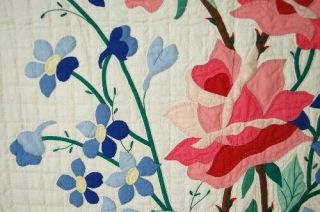 GORGEOUS Vintage 30 ' s Rose & Blue Flowers Applique Antique Quilt GREAT DESIGN 5