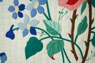 GORGEOUS Vintage 30 ' s Rose & Blue Flowers Applique Antique Quilt GREAT DESIGN 6